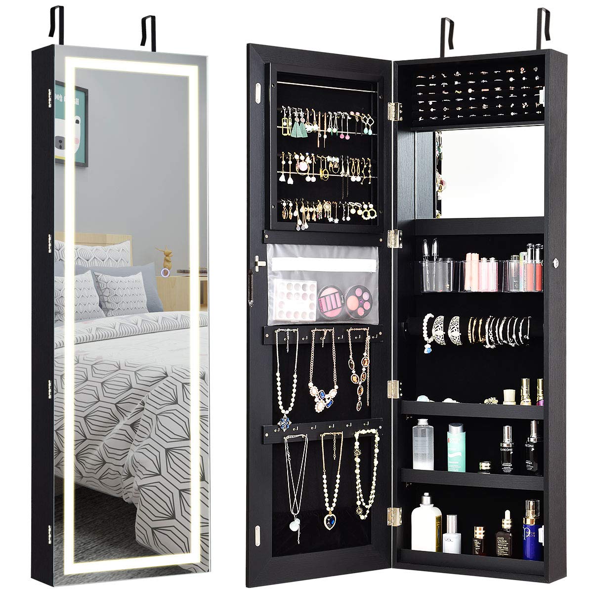 Giantex Jewelry Cabinet Armoire Door Wall Mount, 47.2in Lockable Touch Screen Lighted Full Length Mirror, 3 Lighting Settings, Inside Makeup Mirror, Jewelry Storage Box Organizer (Black) Giantex