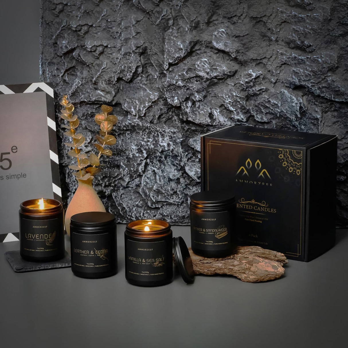 AMMORZEEF 4 Pack Manly Scented Candles for Men Soy Candle Set for Home Wood Wick Aromatherapy Candles for Relaxation Scented Leather Cedar/Lavender/Amber Sandalwood/Vanilla Candles AMMORZEEF