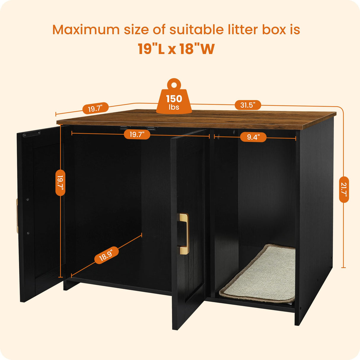 Dwanton Litter Box Enclosure, Cat Litter Box Furniture Hidden, with Scratching Mat, Wooden Cat Washroom Indoor, 31.5" L x 19.7" W x 21.7" H, Black and Warm Brown Dwanton