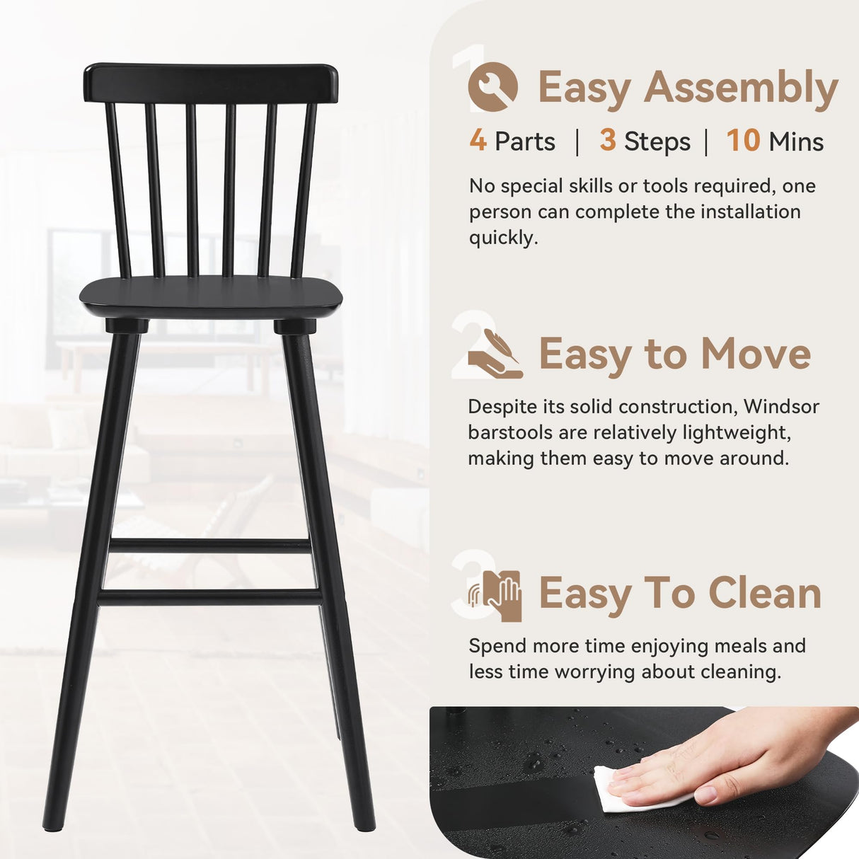 LUE BONA Windsor Wooden Barstools Set of 4 for Kitchen Island, Farmhouse 30 Inch Bar Height Stools Chairs with Spindle Back for Bar Bistro, Black LUE BONA