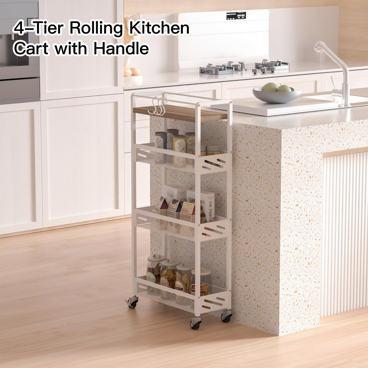 DGSNADGO Slim Rolling Storage Cart, 4-Tier Kitchen Cart on Wheels, Narrow Utility Cart with Handle and Wooden Tabletop for Small Space in Kitchen, Living Room, Bathroom, Laundry Room, Beige and White DGSANDGO