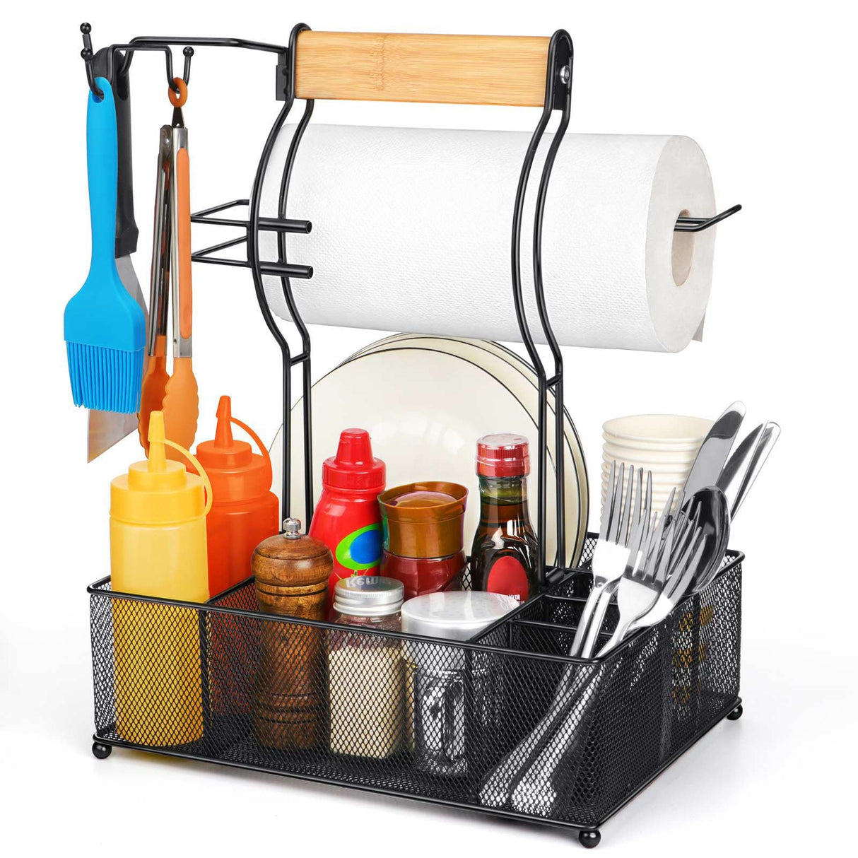 FANGSUN Grill Caddy, BBQ Caddy with Paper Towel Holder, Picnic Condiment Utensil Caddy for Outdoor Camping, Barbecue Accessories Storage Organizer for Griddle Grilling Tool, Rv Patio Camper Must FANGSUN