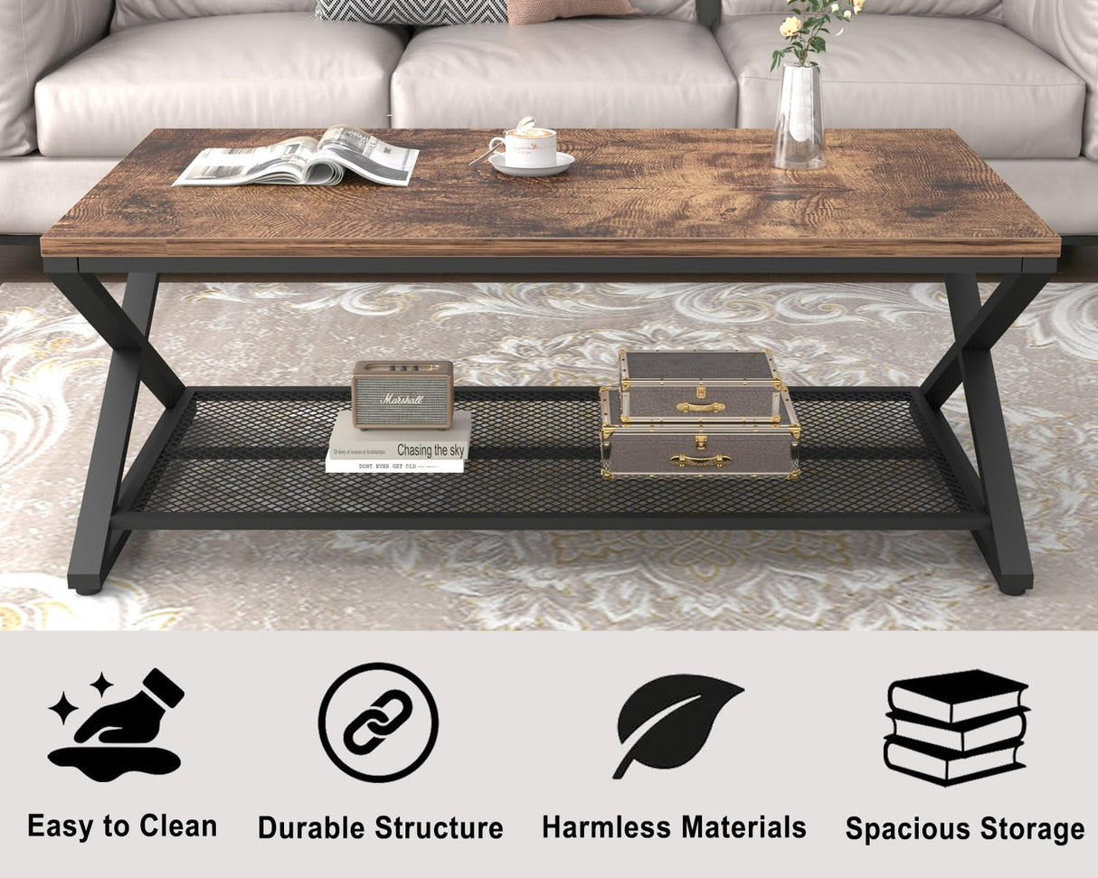 LVB Rustic Coffee Table with Storage, Industrial Wood Metal 2 Tier Center Living Room Table with Mesh Shelf, Farmhouse Wooden Low Rectangle Cocktail Tea Table for Office Bedroom, 47 inch, Rustic Brown LVB