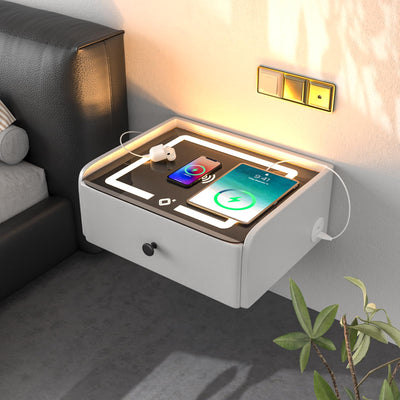 HOMEMORE Floating Nightstand with Charging Station Bedside Table LED Smart Bedside Table Wall Mounted Nightstand White