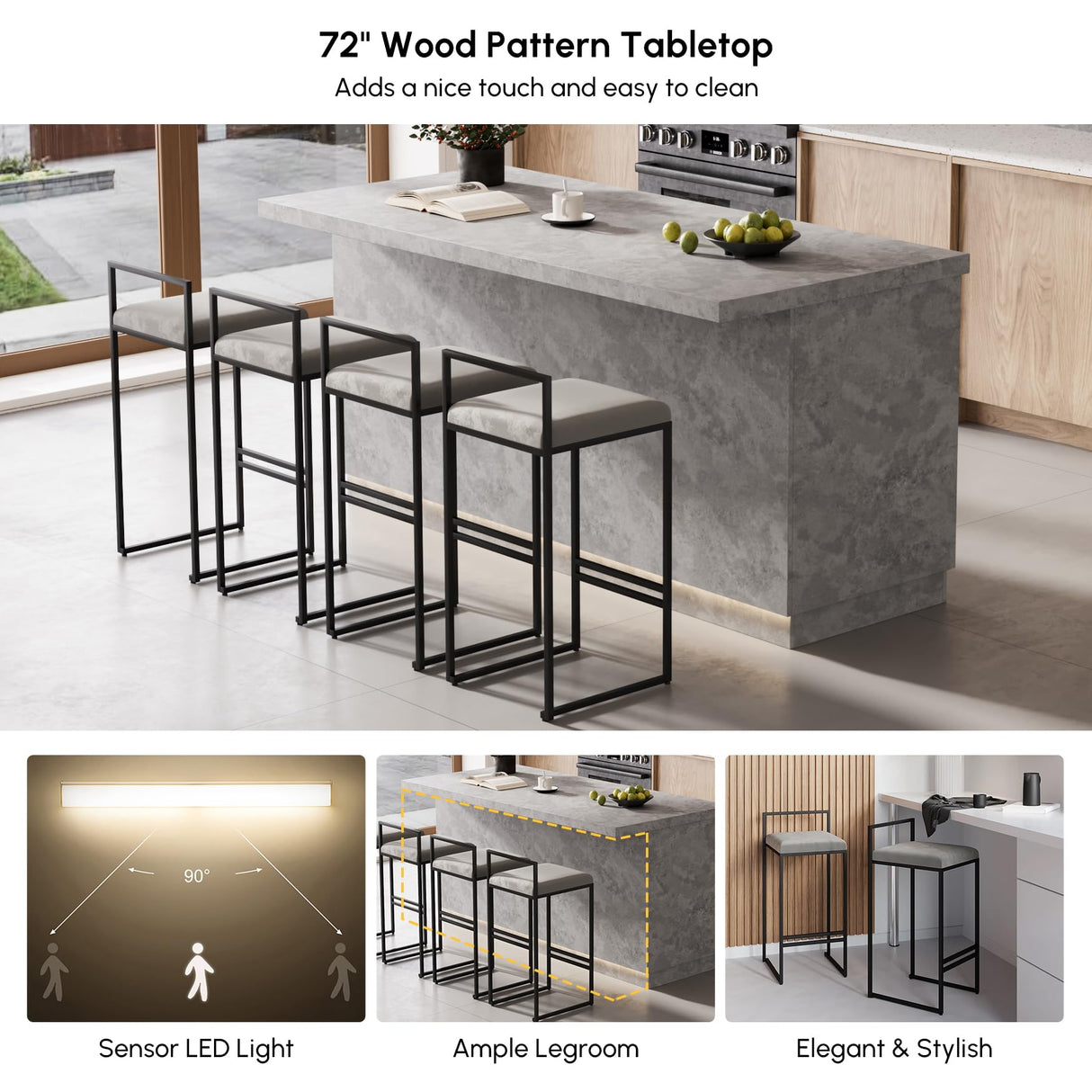 homary 72'' Kitchen Island with Storage Gray Japandi Island Table with LED Light Wood Kitchen Cabinet with Drawers & Wine Rack homary
