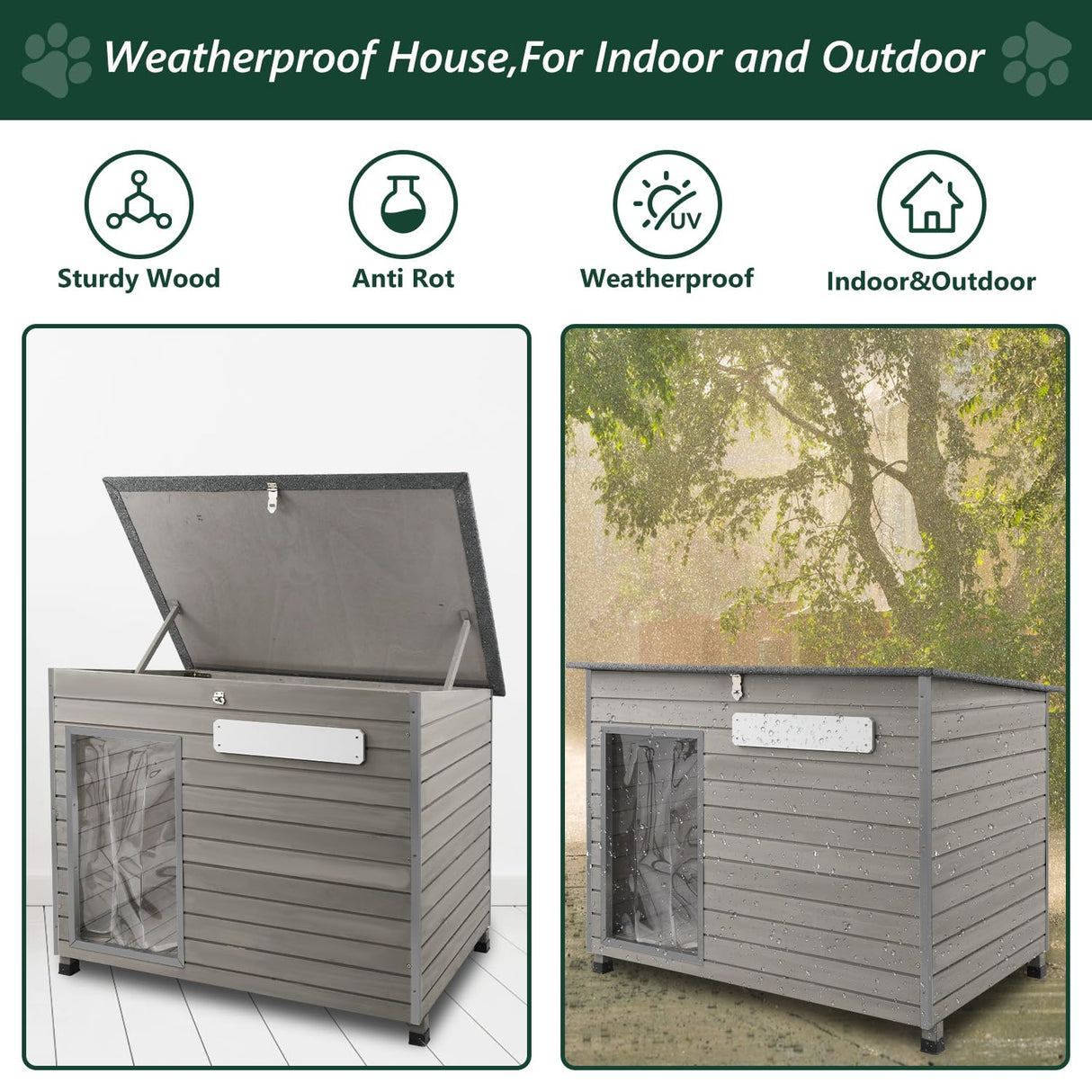 PetsCosset 43.3" L Dog House Outdoor for Large Breeds Dogs Anti Chewing Iron Frames Dog Kennel Wooden Pet Houses for Indoor Outdoor with Weatherproof Roof,6 Elevated Feet, Reinforced Bottom Support PetsCosset