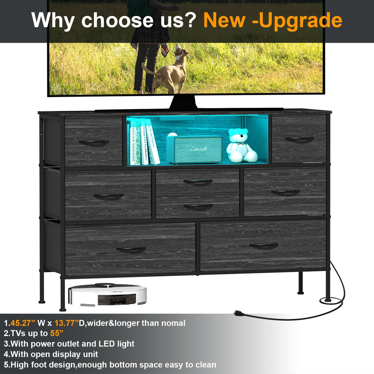 Simoretus Wide Dresser with Charging Station and LED Light for Bedroom 8 Fabric Drawers Chest of Drawers with Power Outlet Storage Open Shelf for Living Room TV Stand Closet Hallway (Charcoal Black) Simoretus