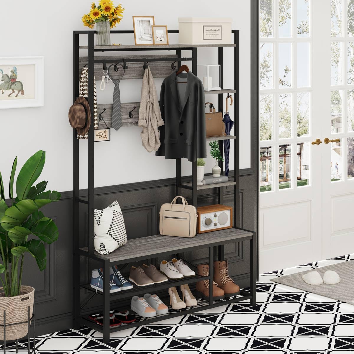BON AUGURE Industrial Hall Tree with Bench and Shoe Storage, Grey Entryway Bench with Coat Rack, Wooden Metal Coat Tree with Hooks, 5 In 1 Multifunctional Shoe Bench and Wall Rack (Dark Gray Oak) BON AUGURE