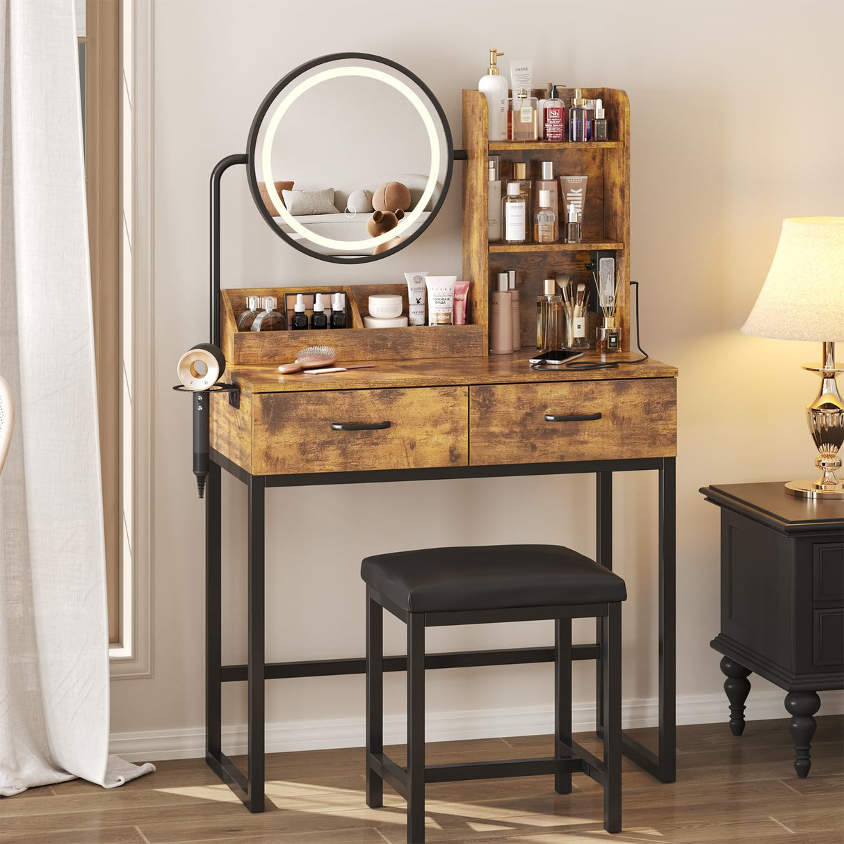 Makeup Vanity Desk with Round Mirror and Lights, Vanity Makeup Table with Hair Dryer Rack, Small Vanity Table for Bedroom with Lots Storage (Brown with Charging, 15.75 * 31.5 * 53.6in) Vabches