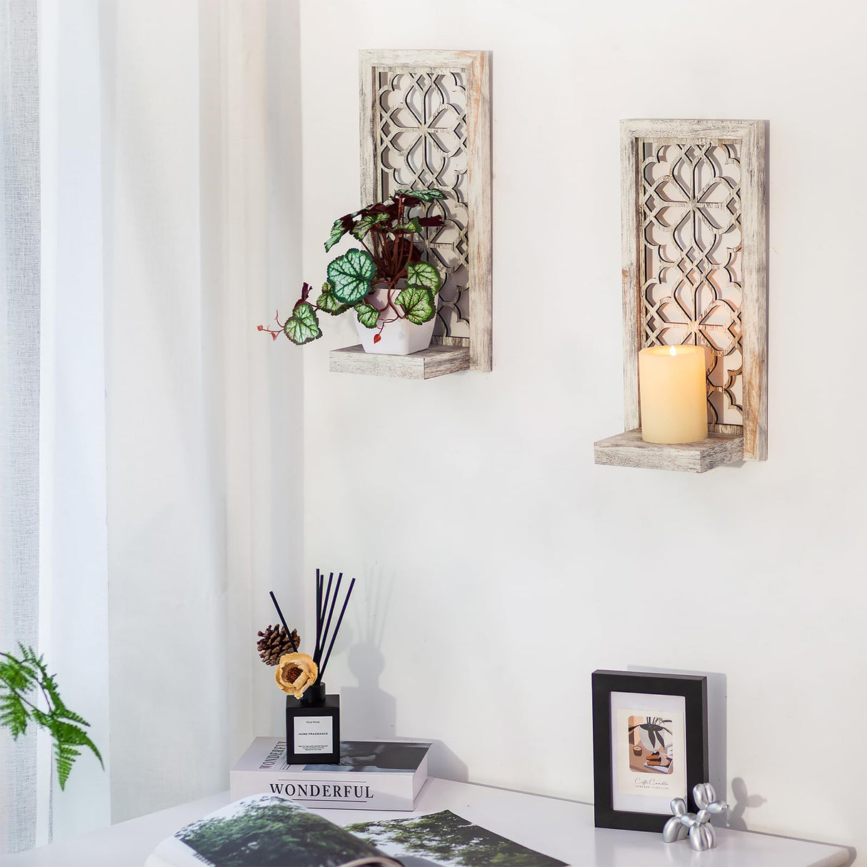 Walasis Wood Small Wall Shelves for Candle - Decorative Floating Shelf Candle Sconces for Wall Decor Rustic Carved Wall-Mounted Shelf Rustic Wooden Shelving for Bathroom Bedroom Walasis