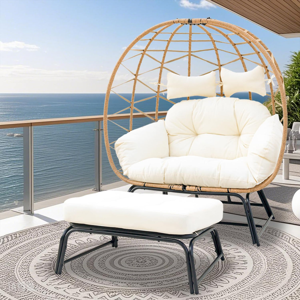 Nevsokio Double Wicker Outdoor Egg Chair,Lounge Chair with Ottoman,Oversized Patio Chair with Footrests,Cushions, Outdoor Indoor Rattan Chair (Webbing, White) Nevsokio