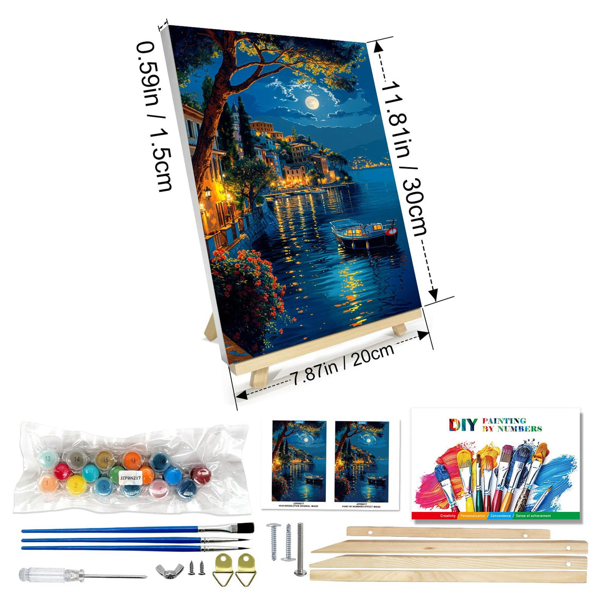 JOOZ Paint by Numbers Kit for Adults with Frame, Moon Paint by Number with Easel, DIY Town Lake Boat Paint by Numbers Landscape for Home Wall Decor 8 x 12 Inch JOOZ