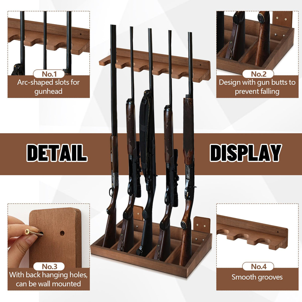 GlikCeil 1 Set Wooden Vertical Gun Rack Wall Mount Indoor Hold up to 5 Long Guns Shotguns Rifle Racks Display Holder Stand for Firearms Display Storage Home Accessories Office(Walnut) GlikCeil