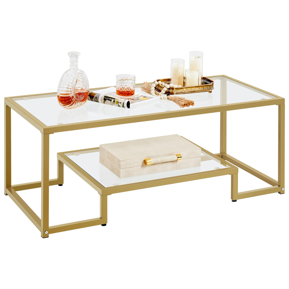 Yaheetech Gold Coffee Table, 42" Rectangular Glass Coffee Table for Living Room, 2-Tier Center Tea Tables with Metal Frame for Small Space, Apartment, Office Yaheetech