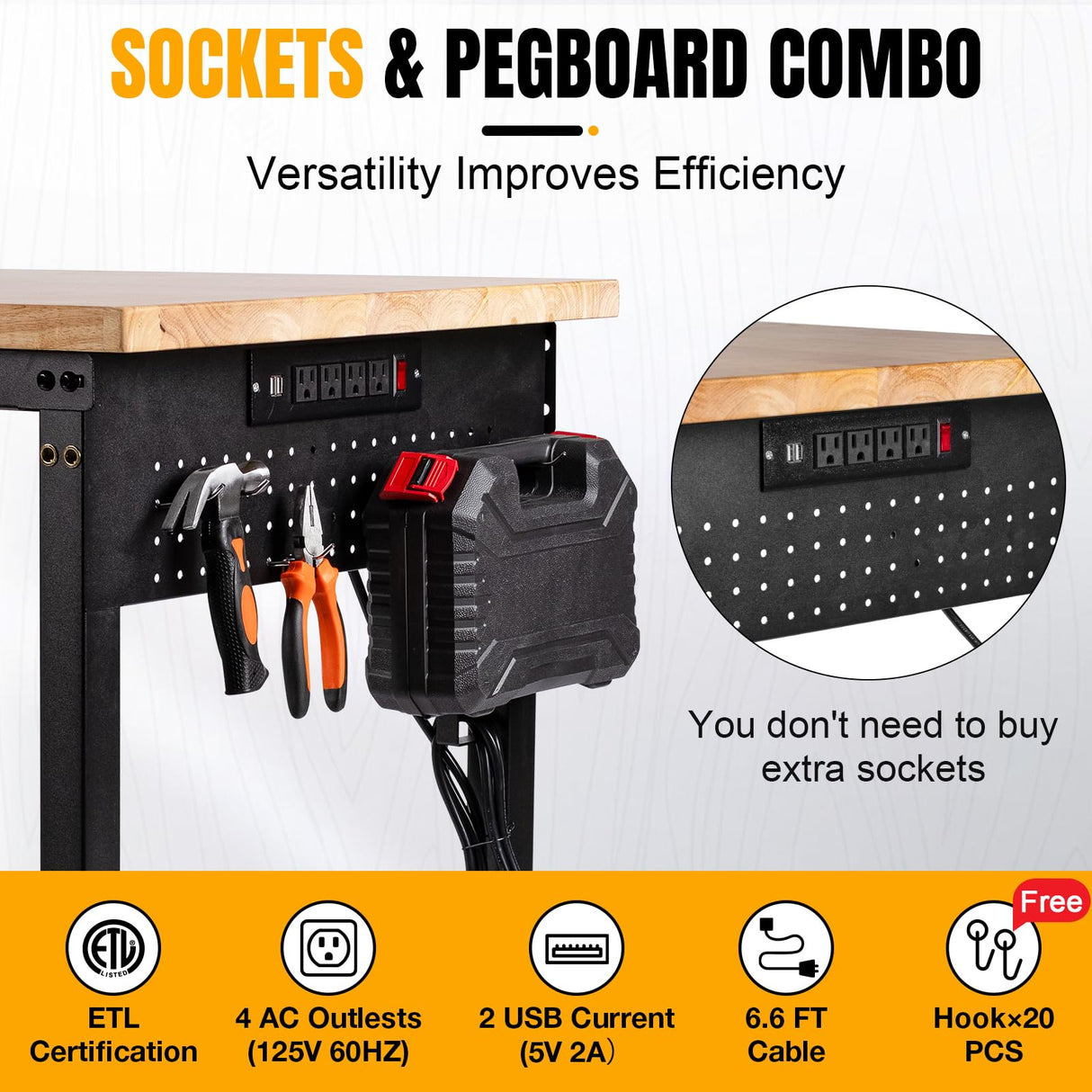 48" L×24”W Adjustable Workbench, 28”-40”Heights Heavy Duty Table 2000 LBS Load Capacity, Work Bench with Power Outlet & Pegboard, Rubber Wood Work Table for Garage, Office, Workshop, Home Generic