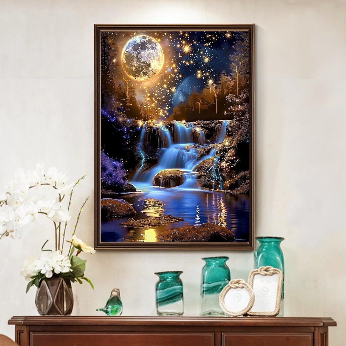 Moon Diamond Art Kits for Adults, Waterfall Diamond Painting Kit with Resin Gems, DIY 5D Embroidery Craft for Home Decor & Gift - 12x16 Inch Amphol