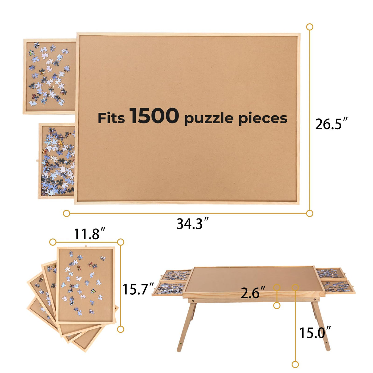 Puzzle Board 1500 Pieces,34.3”x 26.5” Jigsaw Puzzle Table with 4 Drawers and Cover,Portable Puzzle Table with Folding Legs for Adults and Teens RAGOZONERY