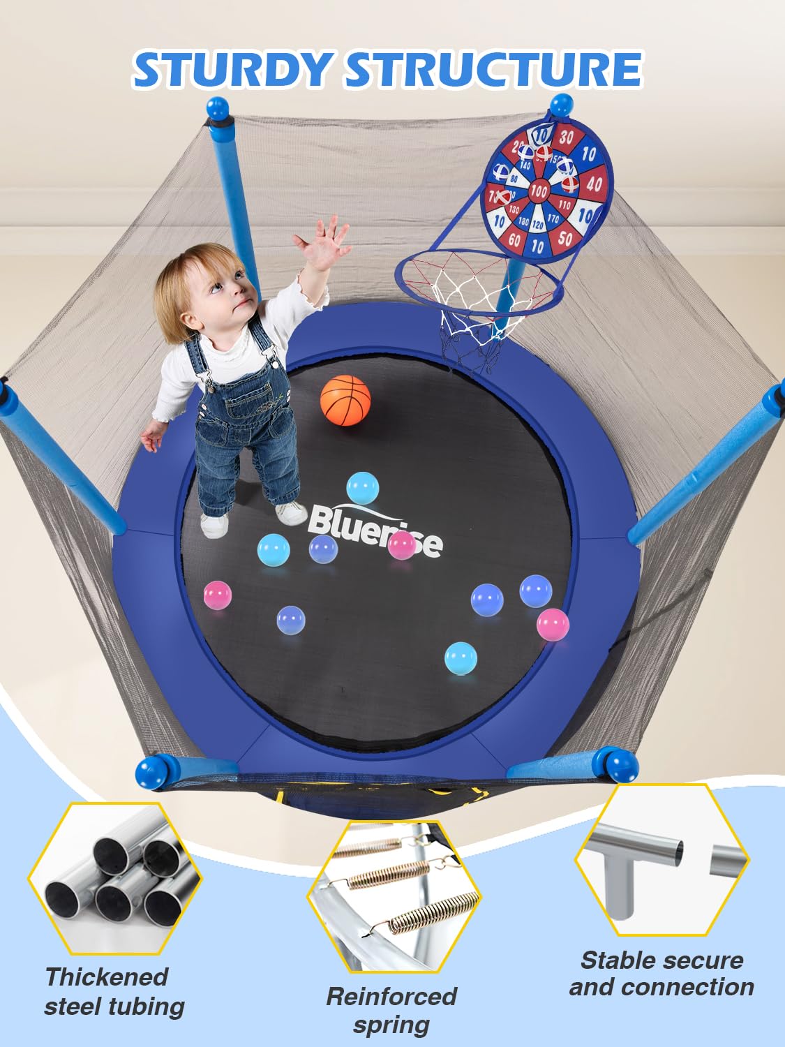 BLUERISE 55IN Toddler Trampoline for Kids Indoor Play for Kids Basketball Hoop Attachment with Enclosure Net Easy to Assemble Recreational Trampoline BLUERISE