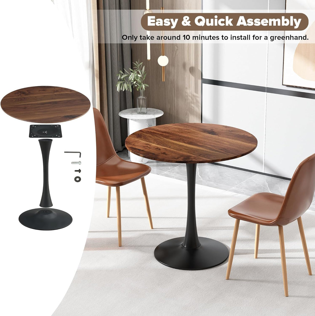 yotomaki 31.5" Round Dining Table for 2-4 People with Walnut Tabletop,Mid-Century Walnut Tulip Kitchen Table, Pedestal Base Table for Small Space Home Office Living Room yotomaki