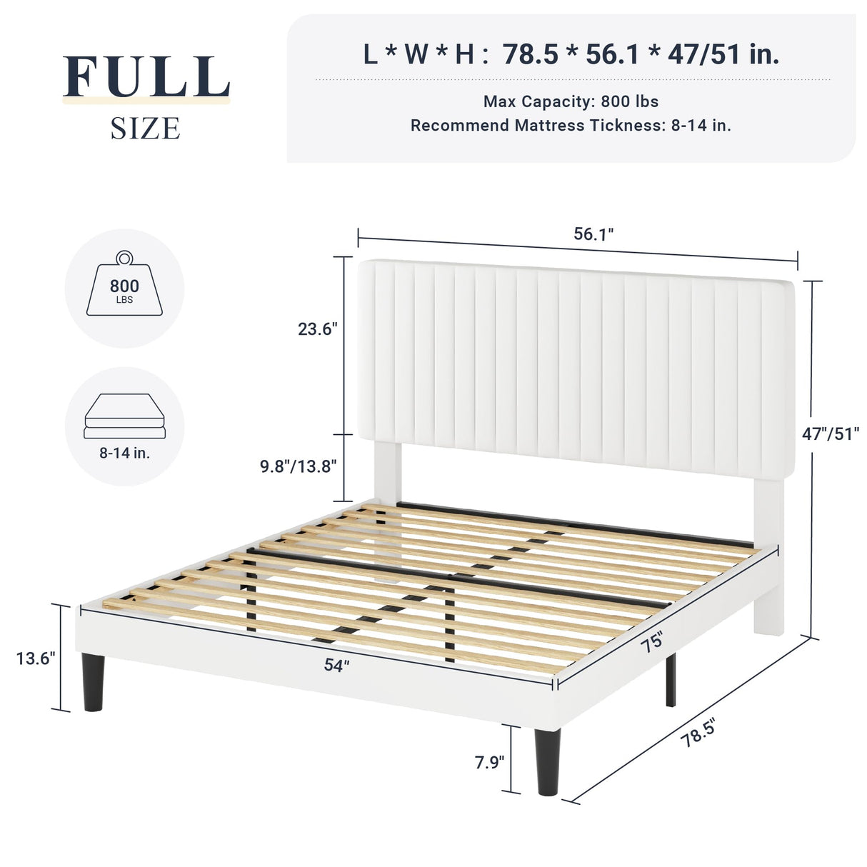 Allewie Full Bed Frame, Velvet Upholstered Platform Bed with Adjustable Vertical Channel Tufted Headboard, Mattress Foundation with Strong Wooden Slats, Box Spring Optional, Easy Assembly, White Allewie
