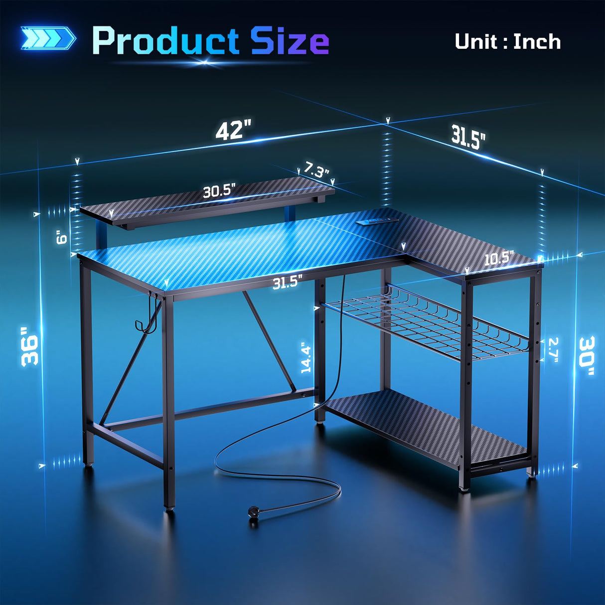 Bestier Gaming Desk with Power Outlets, 42" L-Shaped Gaming Desk with LED Lights, Desk with Reversible Storage Shelves & Hooks for Small Spaces, Bedrooms & Offices, Black Carbon Fiber Bestier