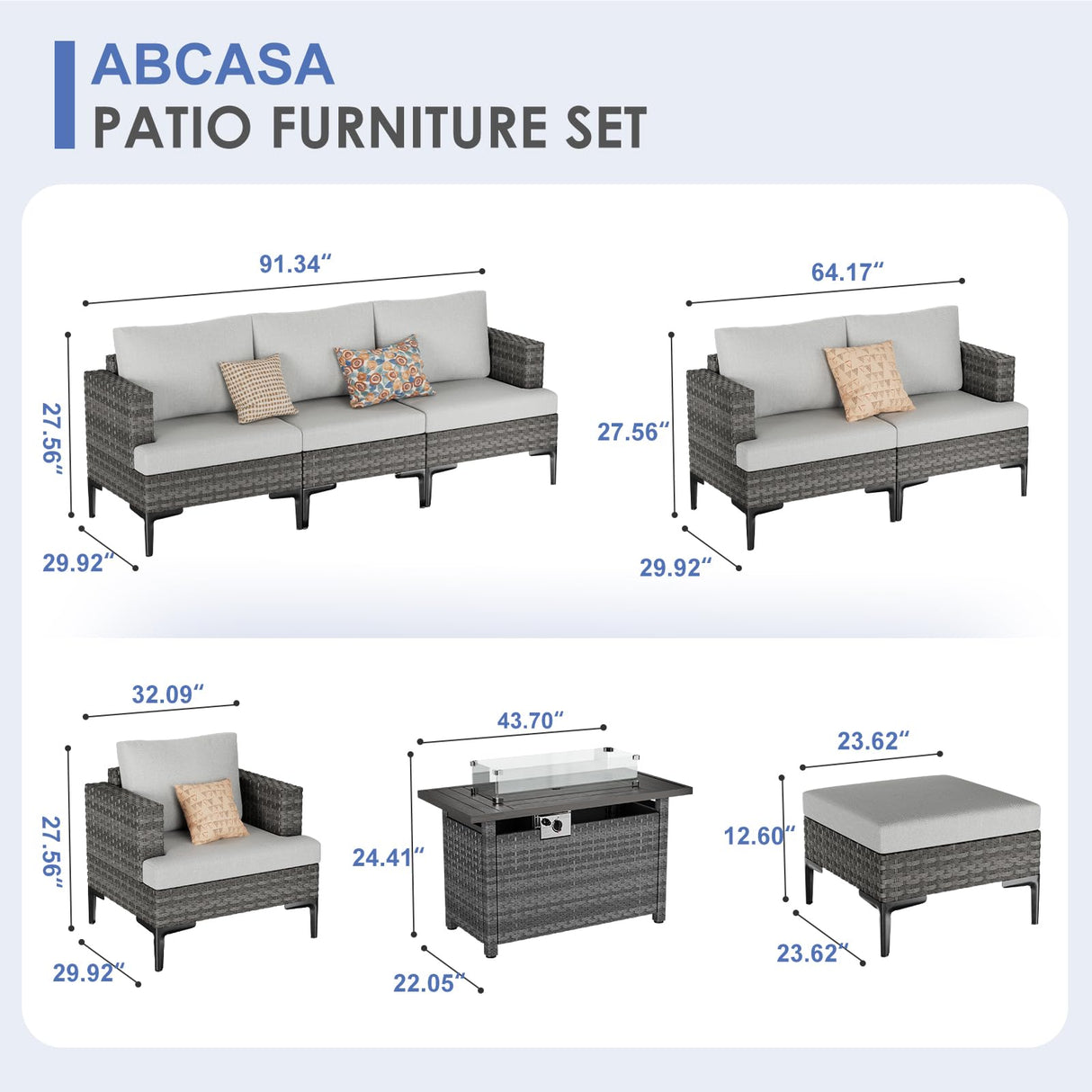 10 Pieces Patio Sectional Furniture Set with 44" Propane Fire Pit Table, 60000BTU Wicker Outdoor Sectional Coversation Set, Thick Cushion Deep Seat, Outdoor Furniture for Porch,Backyard,Deck (Grey) ABCASA