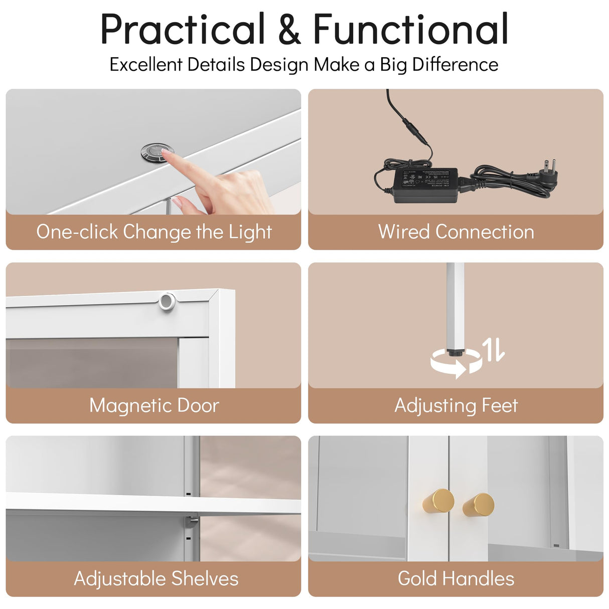 Polup Display Cabinet with 3 Color LED Lights and Tempered Glass, 66 Inch Tall Curio Cabinet with 3 Side Glass, White Display Case for Collectibles, Metal Cabinet for Living Room - Assemble Required Polup