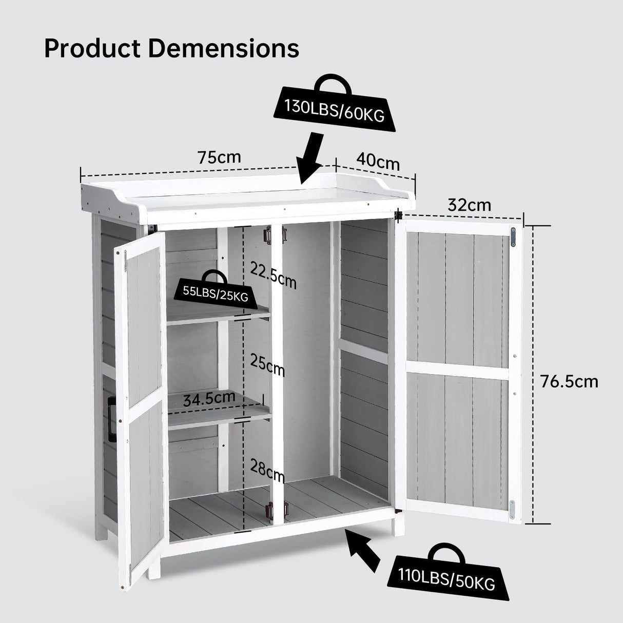 ElfinAura Outdoor Potting Bench with Storage - 37" Tall Wooden Garden Workstation with Galvanized Metal Tabletop, Adjustable Shelves & Double Doors for Backyard, Patio, Garden (White). ElfinAura