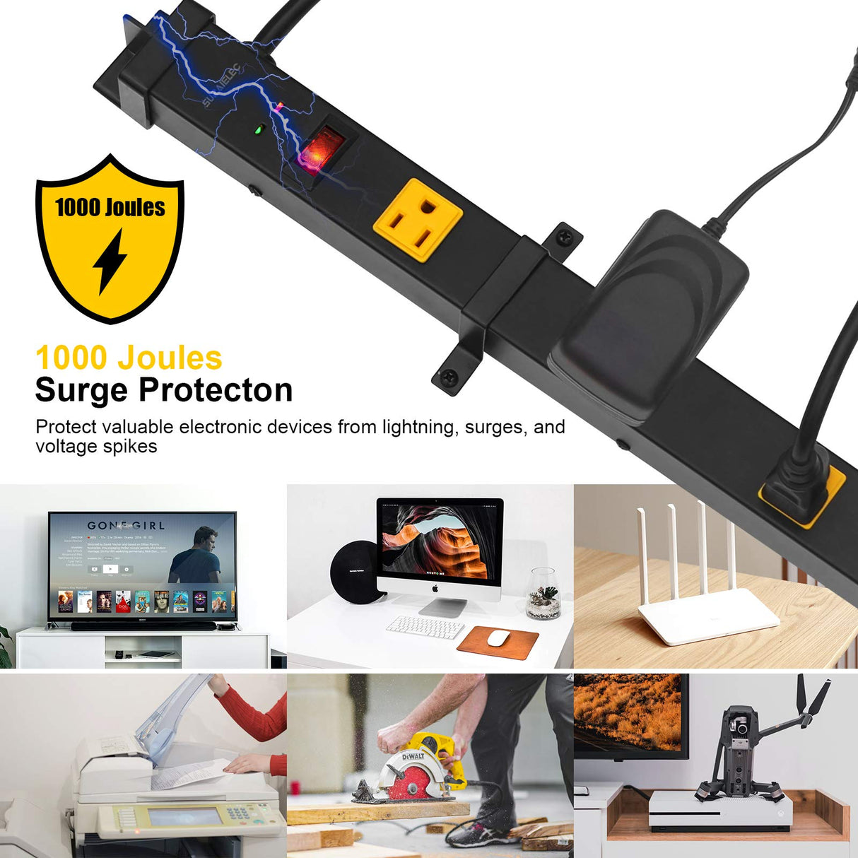 SURAIELEC 10 Outlet Long Power Strip Surge Protector, Industrial Heavy Duty Metal Shop Power Strip with Flat Plug, 1000 Joules, 15 AMP Breaker, 6FT Cord, Wall Mountable, for Work Bench, Shop, Garage SURAIELEC