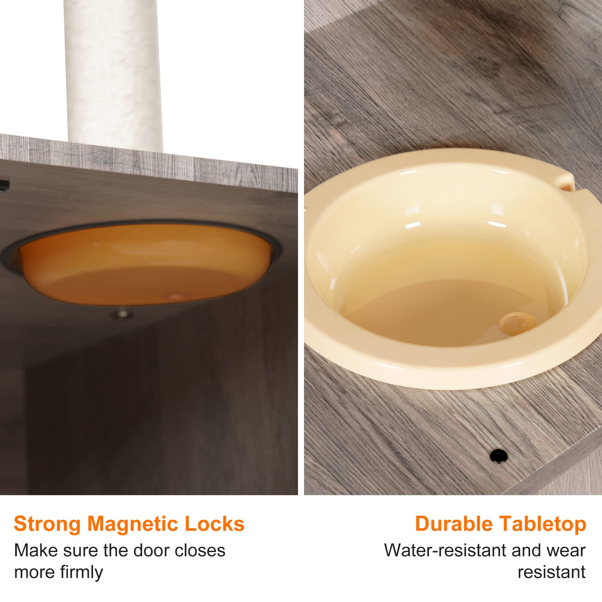 Heybly Cat Tree, Wood Litter Box Enclosure with Food Station, All-in-one Indoor Cat Furniture with Large Platform and Condo, Modern Style Cat Tower, Hammock, Rustic Gray HCT100SG Heybly