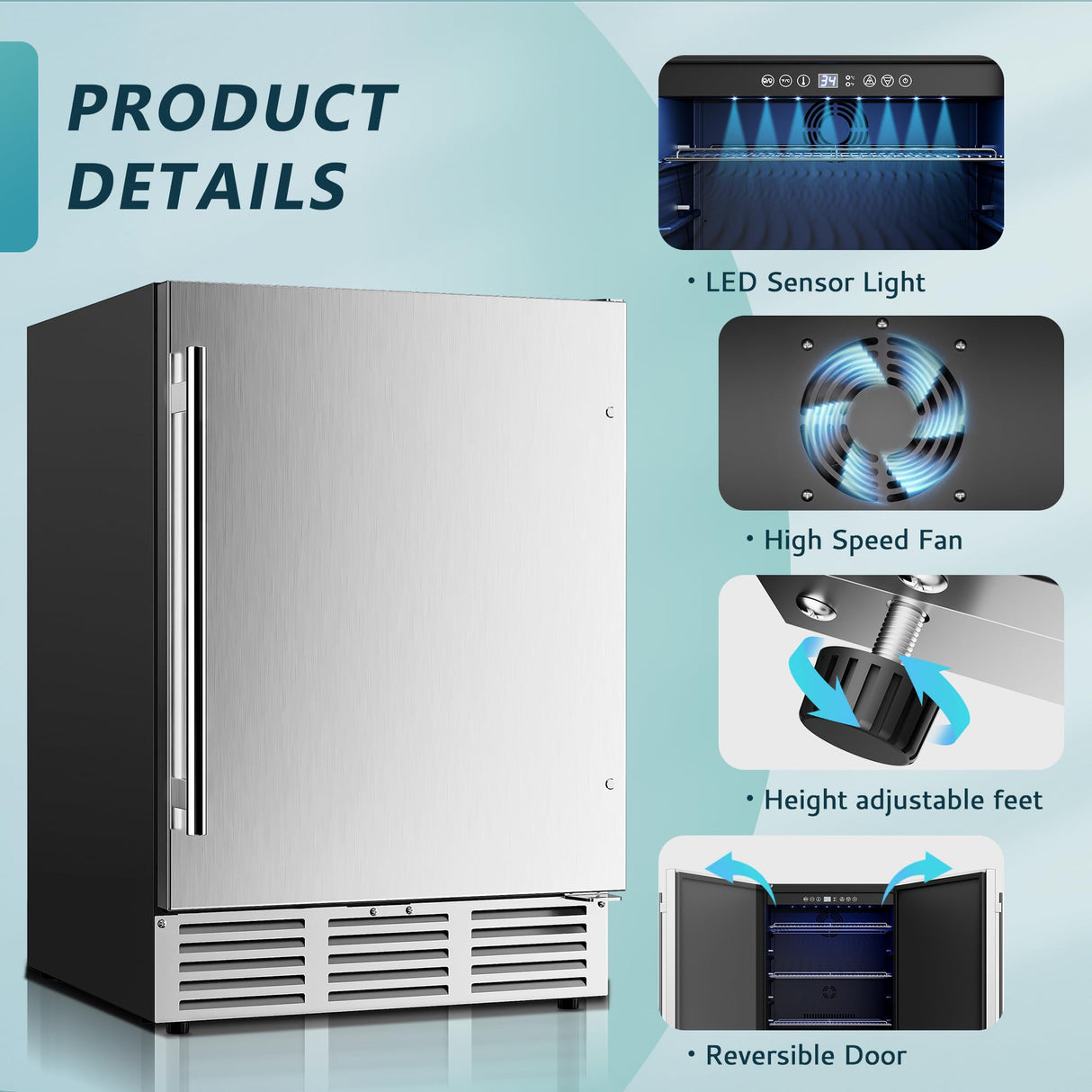 EUHOMY 24 Inch Beverage Refrigerator, Built-in and Freestanding Beverage Cooler 180 Can, Under Counter Beverage Fridge with Stainless Steel Door, Outdoor Refrigerator for Soda, Beer, Wine EUHOMY