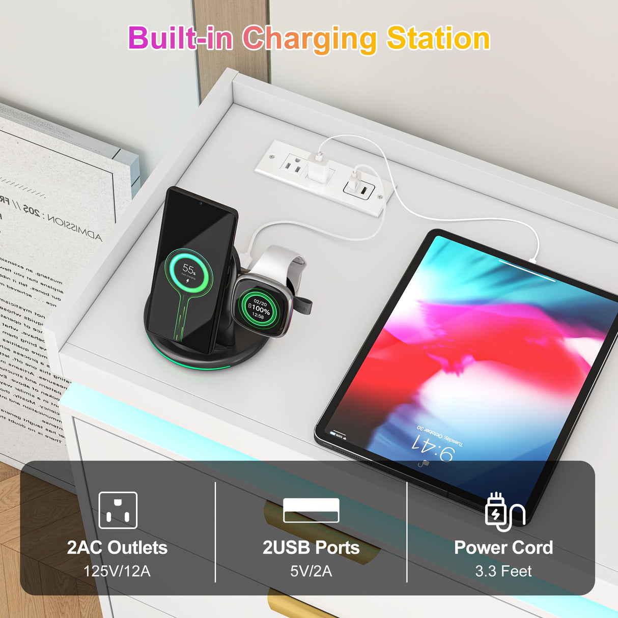 6 Drawer Dresser for Bedroom, White Dresser with LED Lights and Power Outlet, Modern Chest of Drawers for Closet, Double Wide Drawer Organizer Cabinet for Bedroom, Living Room, Entryway, Hallway knoworld