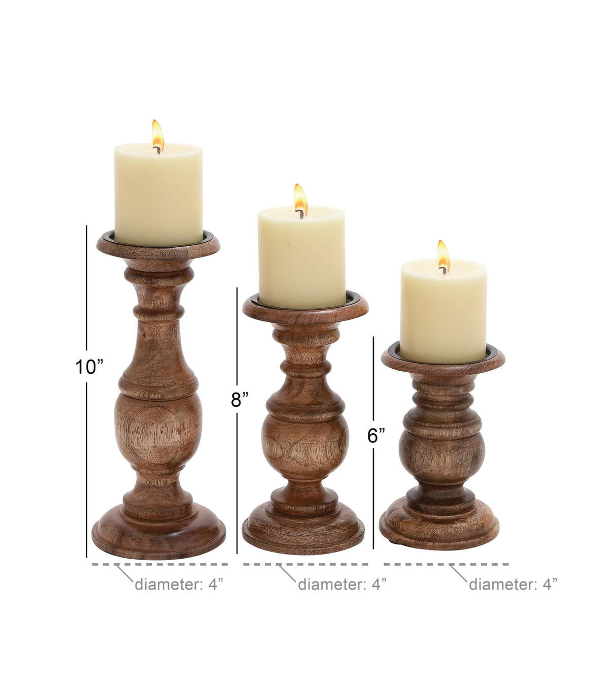 Deco 79 Mango Wood Decorative Candle Holder Turned Style Pillar Candle Stand, Set of 3 Candlestick Holder 10",8",6"H, Brown Deco 79