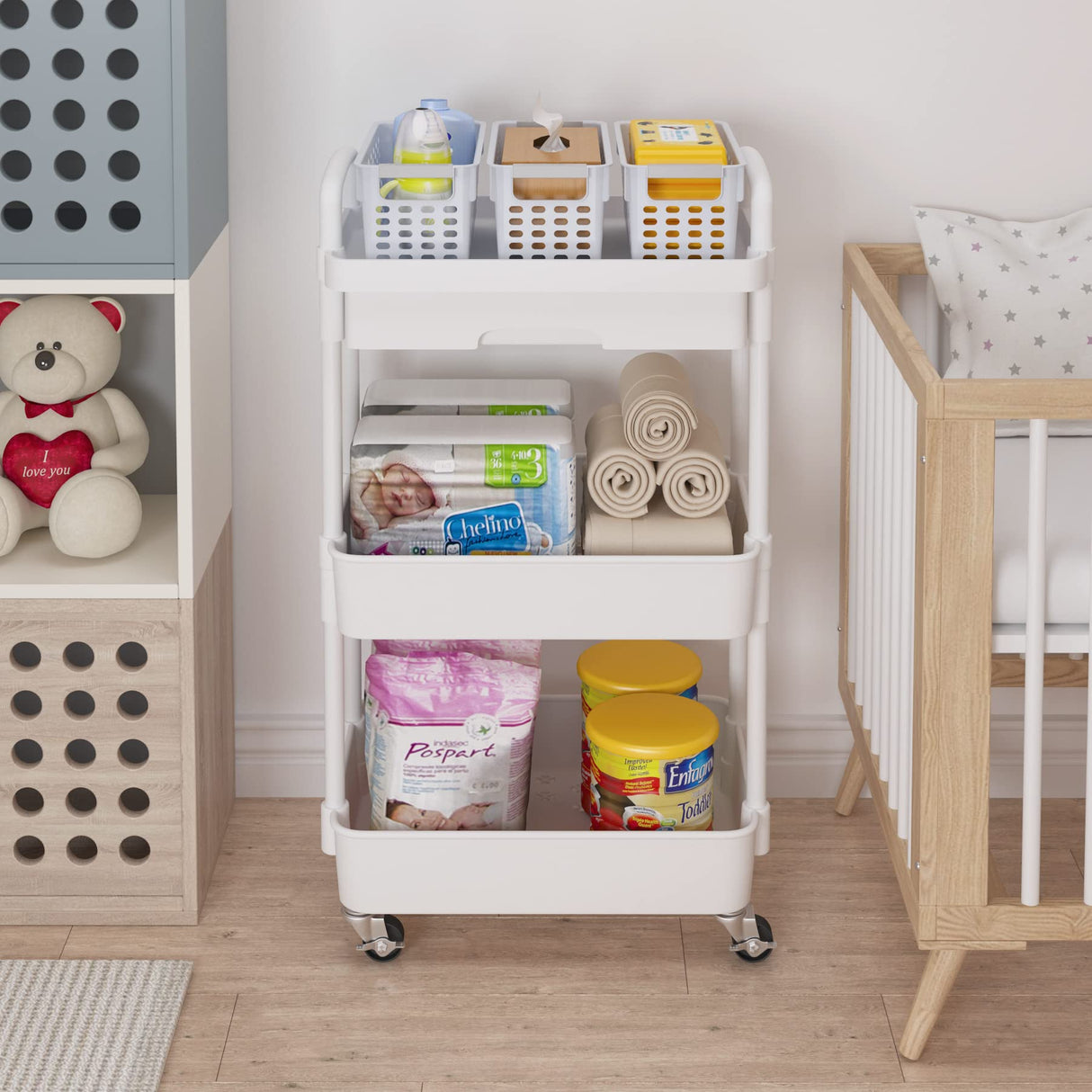 Calmootey 3-Tier Rolling Utility Cart with Drawer,Multifunctional Storage Organizer with Plastic Shelf & Metal Wheels,Storage Cart for Kitchen,Bathroom,Living Room,Office,White Calmootey