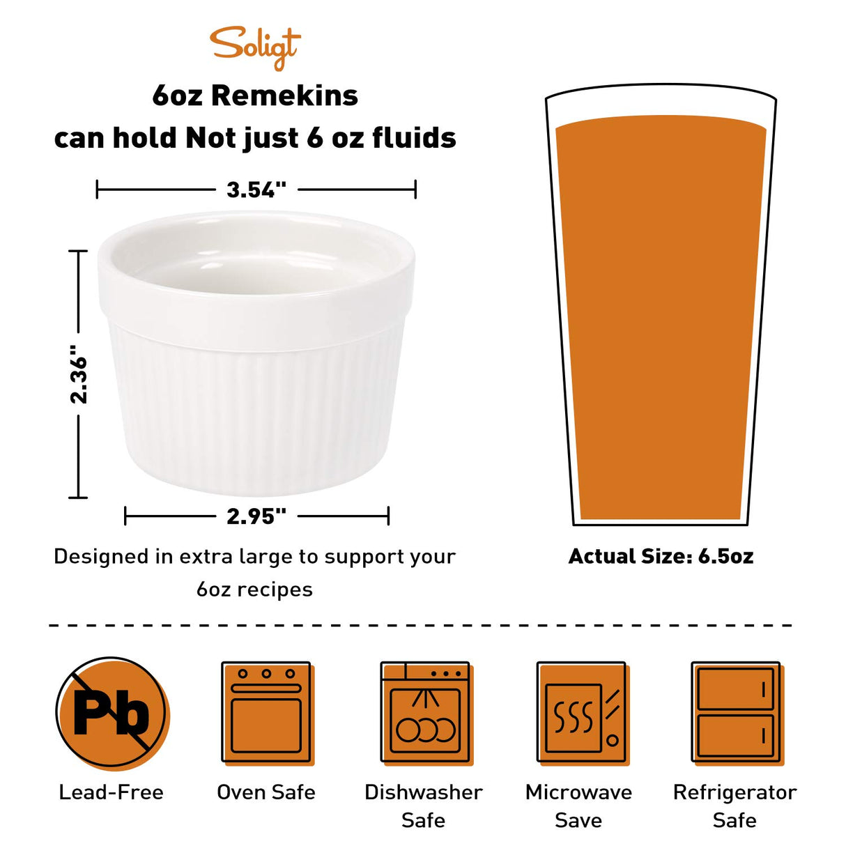 Creme Brulee Making Set - 6 Porcelain Ramekins 6 oz, 304 Stainless Steel Lifting Rack, 9" X 13" Bottom Pan SOLIGT