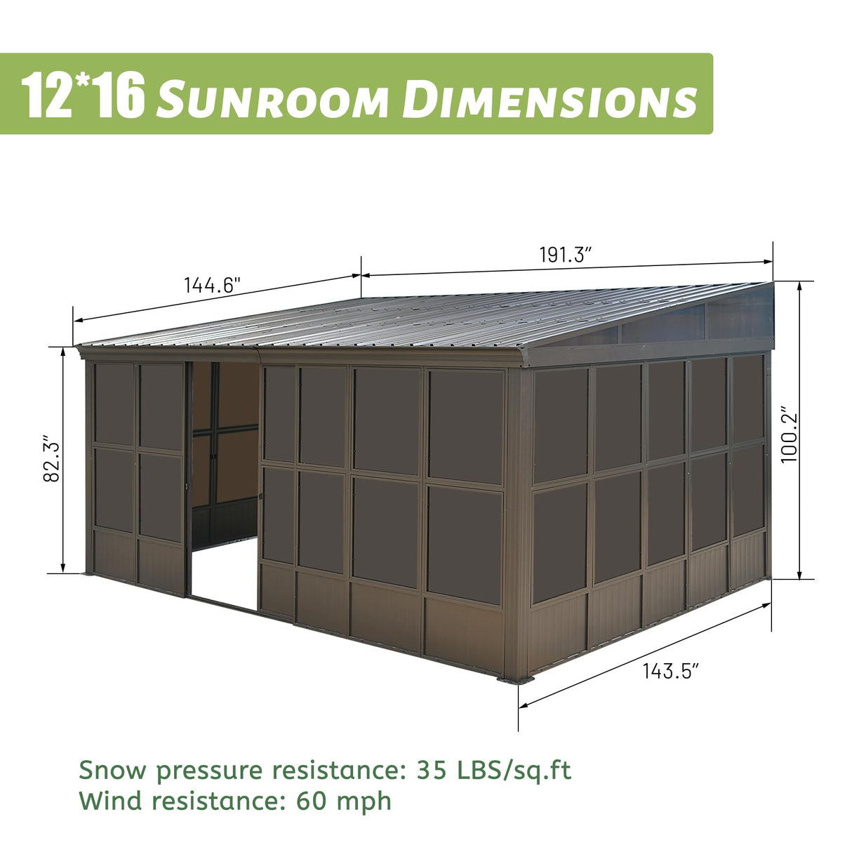 Domi 12x16FT Sunroom,Wall Mounted Gazebo Solarium with Front Door, Side Entrance, Galvanized Steel Sloping Roof, Moveable PC Screen, Outdoor Permanent Sun Room Lean to Gazebo for Deck Patio domi outdoor living