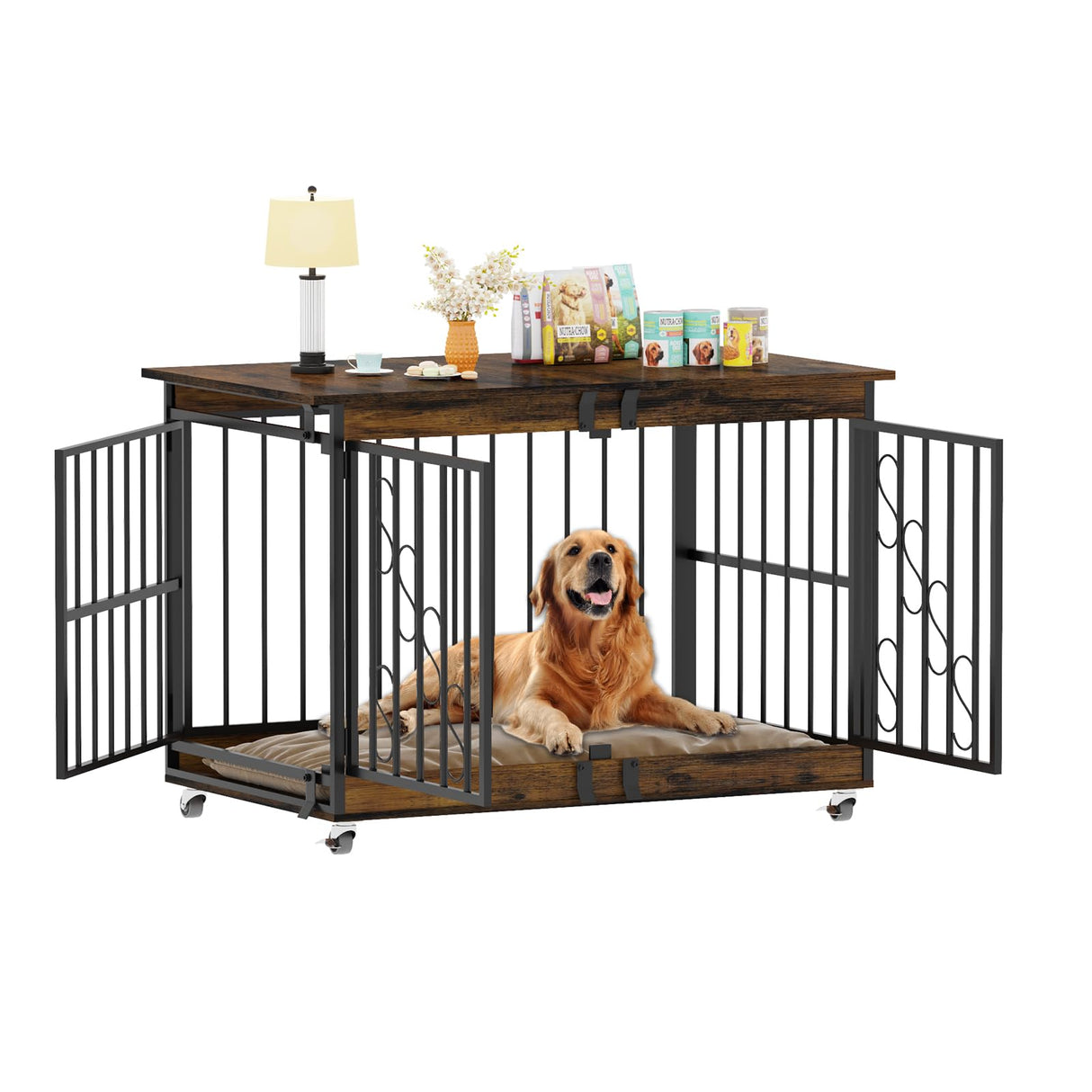 COZPAW Dog Crate Furniture, 48 Inch Dog Crates for Medium/Large Breed, Farmhouse Wood Metal Kennel Indoor Heavy Duty Pet Cage with Caster Wheels (Brown) COZPAW