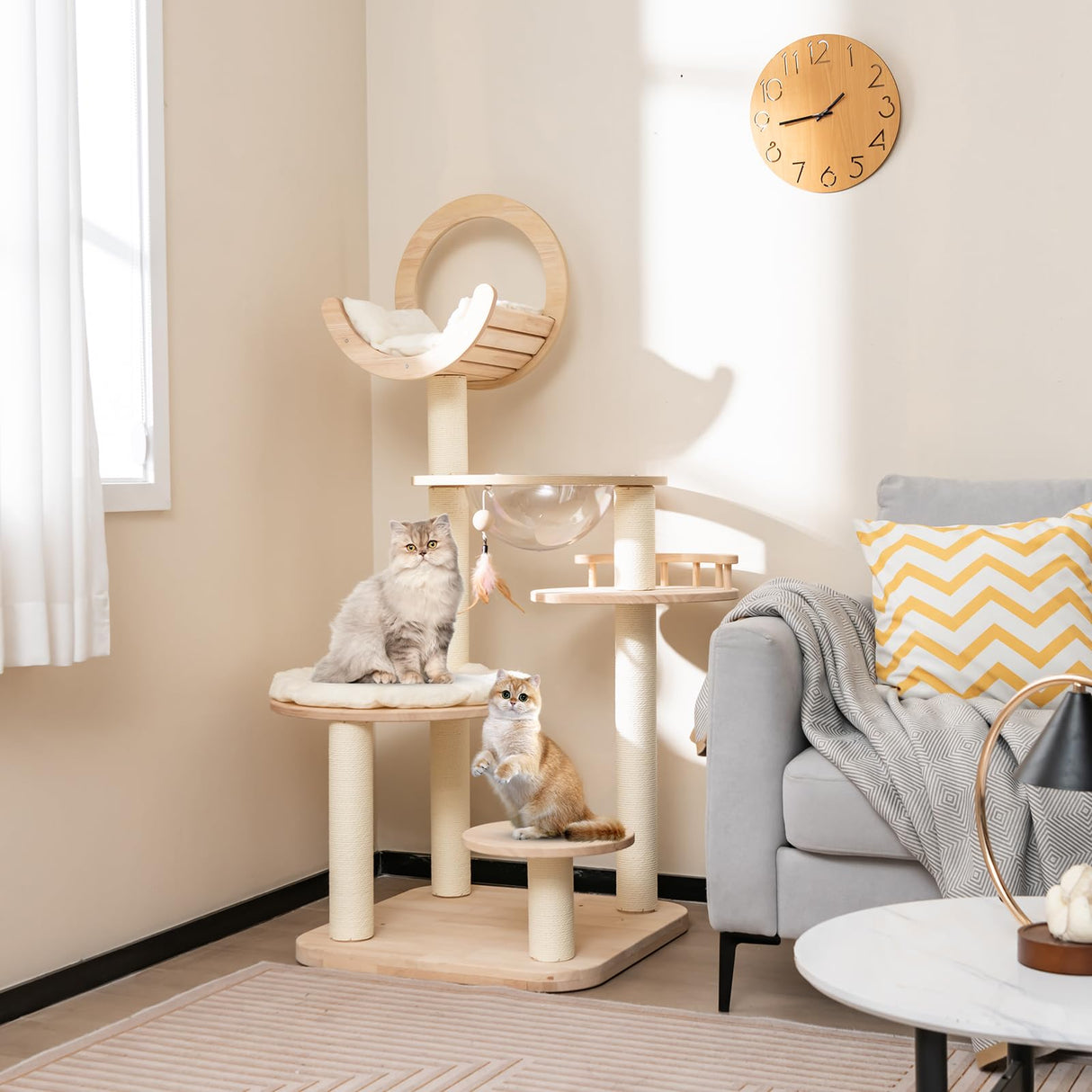 PETSITE 57 Inches Tall Wooden Cat Tree, Multi-Level Cat Tower with Scratching Posts, Space Capsule Bed, Padded Platform and Hanging Ball, Modern Transformable Cat Tree Tower for Indoor Cats Large PETSITE