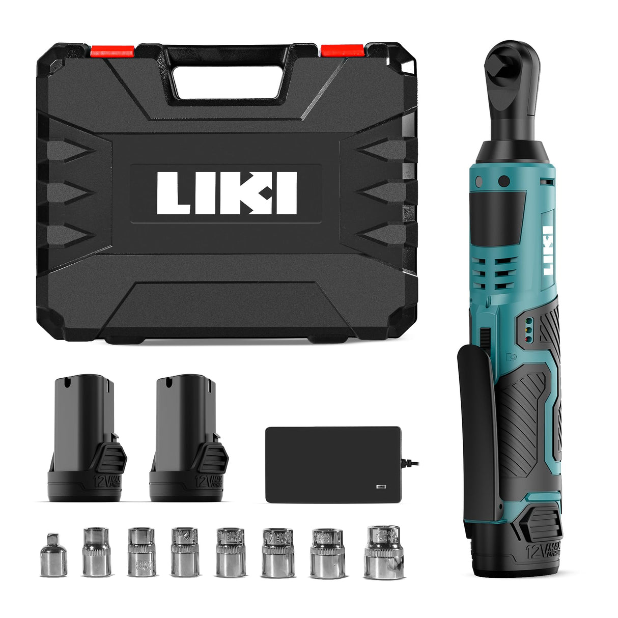 LIKI Cordless Electric Ratchet Wrench Set, 3/8" 12V Cordless Ratchet Kit,2 Packs of Lithium-ion Batteries and Chargers, 8 Sockets LIKI