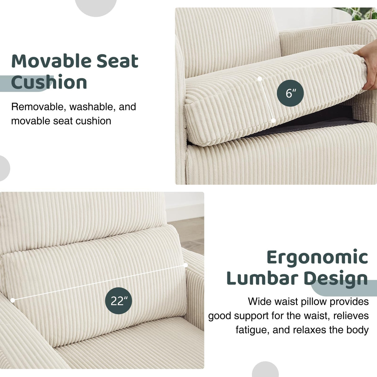 AEMEIOS Swivel Rocker Recliner, Oversized Manual Nursery Glider Rocking Recliner Chair with Removable Cushion, Upholstered Swivel Reclining Chair for Nursery Living Room Bedroom, Corduroy White AEMEIOS