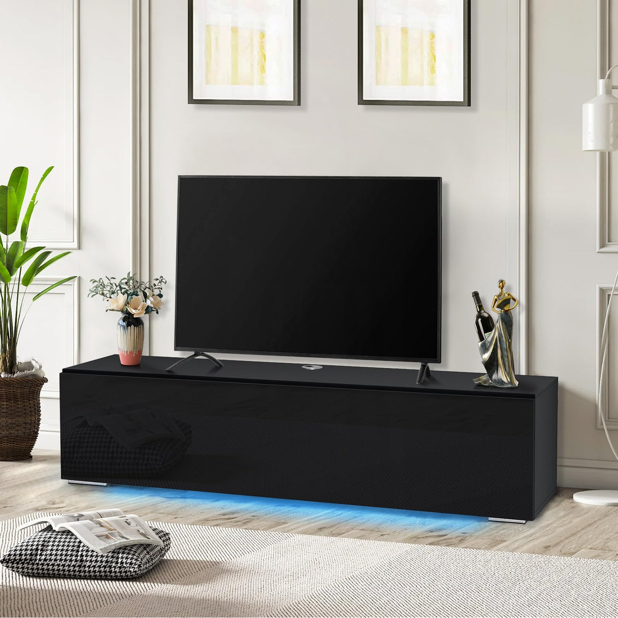 HOMMPA Floating TV Stand with LED Lights for TVs up to 65 Inch, Wall Mounted Entertainment Center with Storage, Modern High Glossy Media Console for Living Room, Bedroom, Black HOMMPA