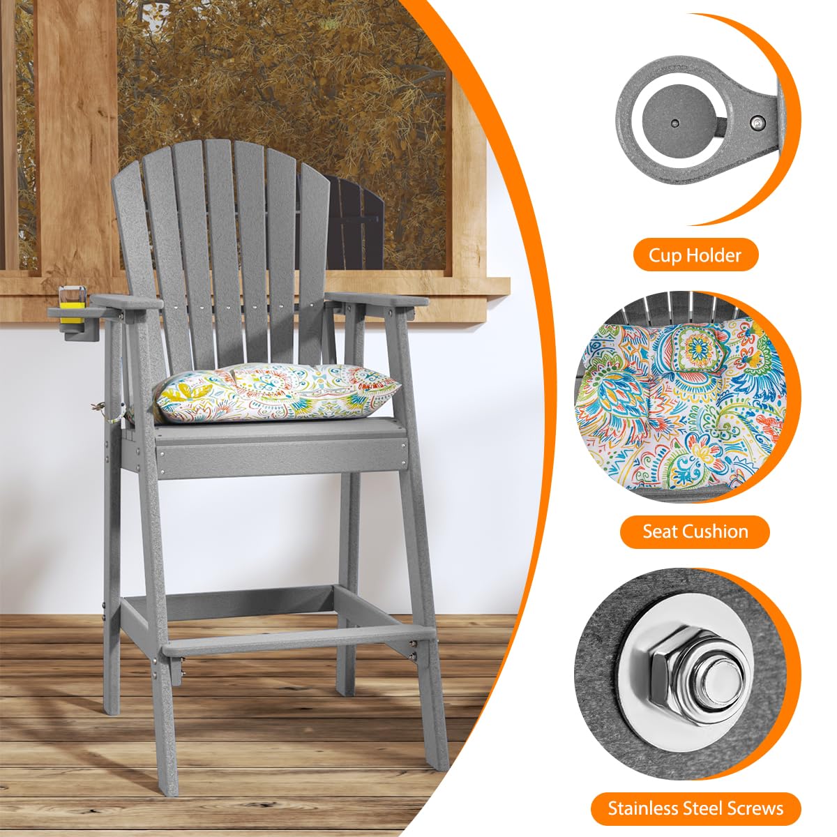 Sundale Outdoor 5 Pieces Adirondack Bar Set, Patio Counter Height Adirondack Chairs Set of 4 and Round Table, High Top HDPE Stools and Pub Table, Tall Bistro Dining Furniture Set for 4, Gray Sundale Outdoor