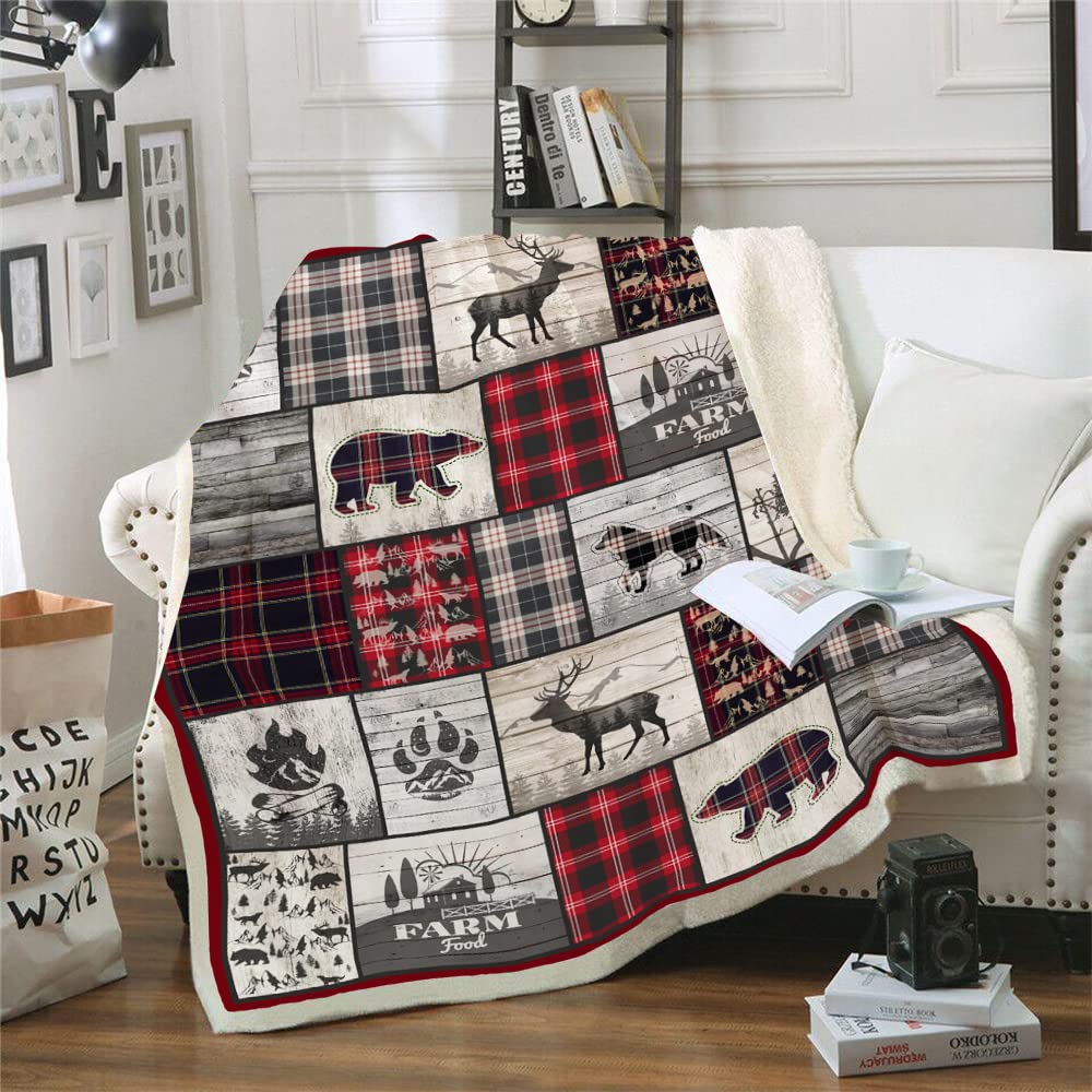 Belperan Wolf Bear and Deer Throw Blanket Rustic Cabin Decor Woodland Blanket Plaid Christmas Blanket Gifts for Women Southwestern Farmhouse Decor for Couch Bed Livingroom Belperan