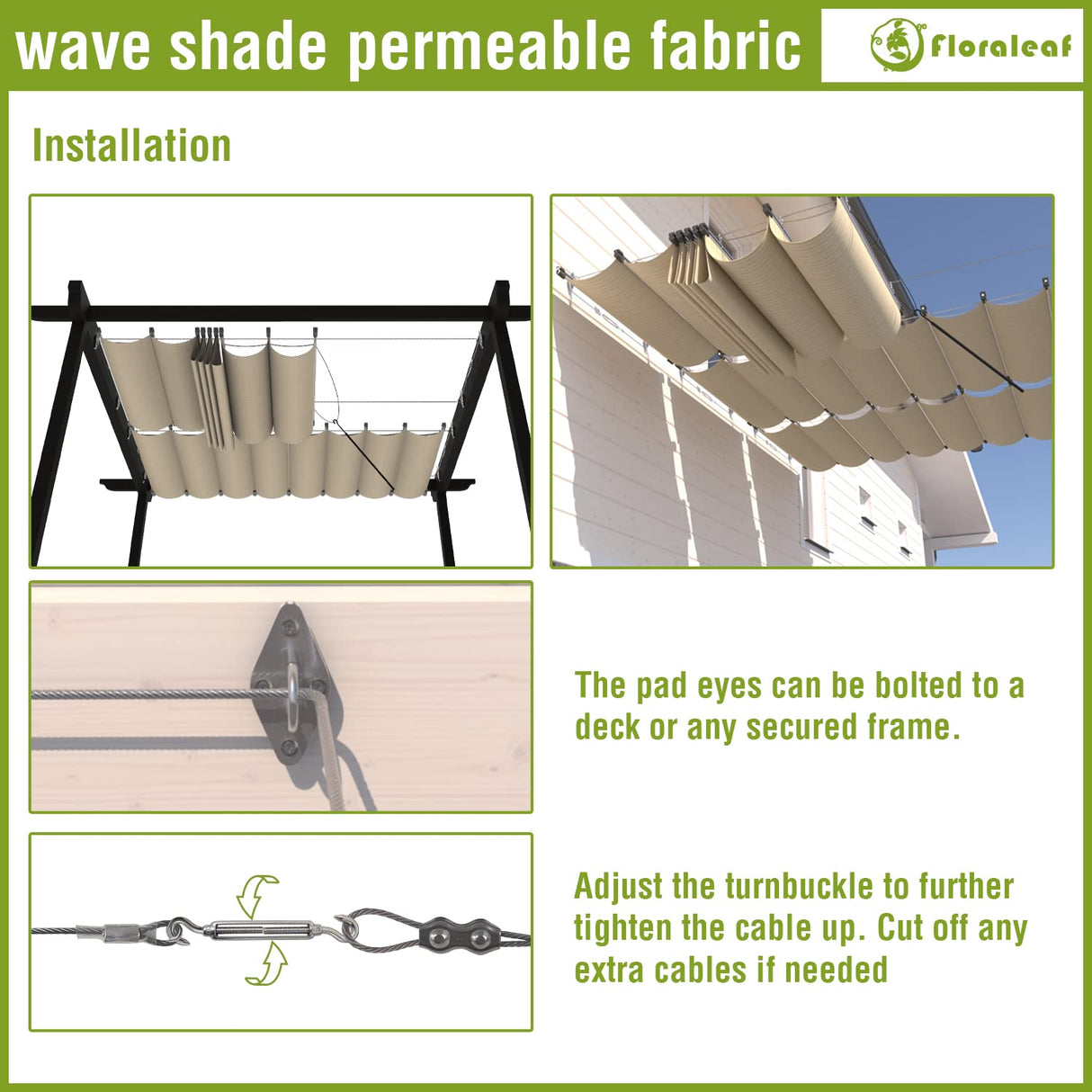 FLORALEAF 7'×16' Pergola Shade Cover Retractable Pergola Replacement Canopy Slide Shade Sail with Cable Hardware for Outdoor Patio Porch Garage Deck Backyard Awning FLORALEAF