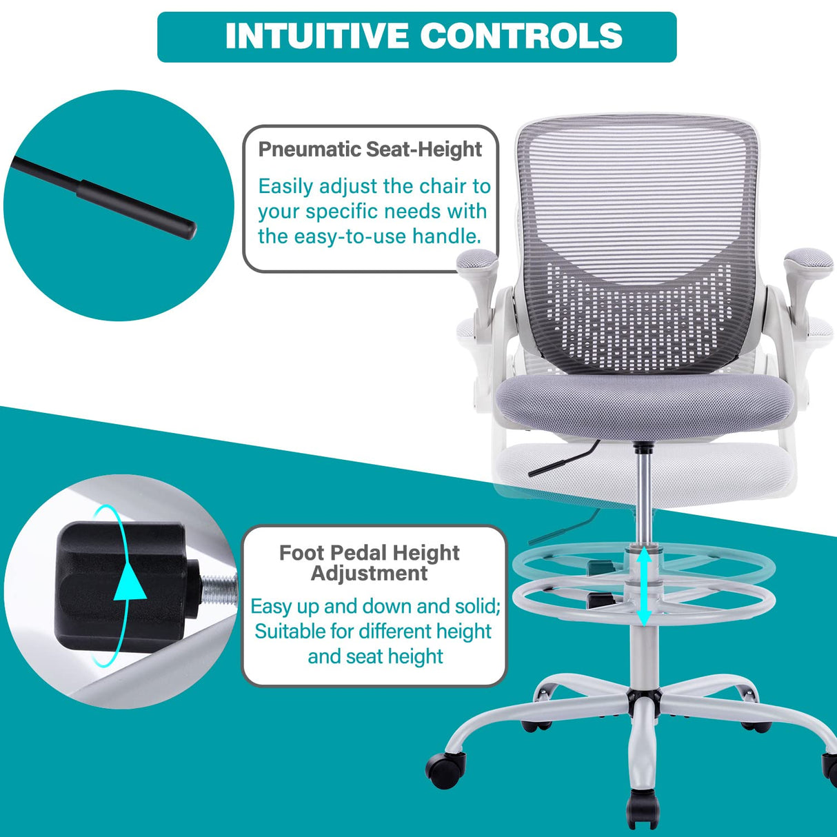 Tall Office Chair, Drafting Chair, Standing Desk Chair, High Adjustable Office Mesh Chair, Ergonomic Counter Height Computer Rolling Chair with Flip-up Armrests and Foot-Ring for Bar Height Desk edx