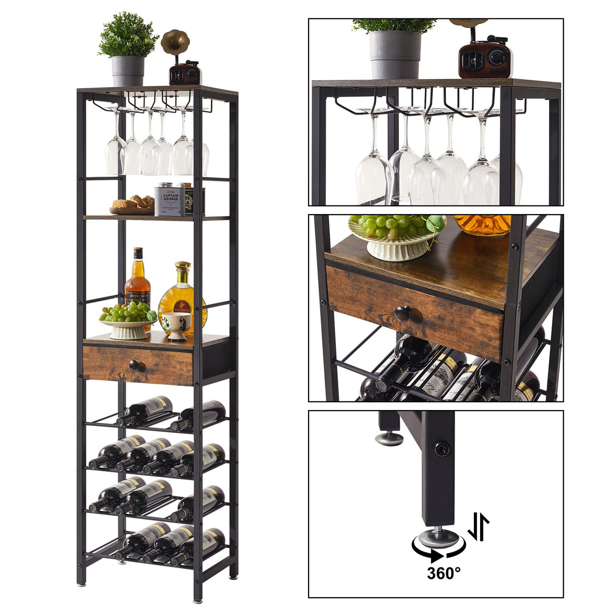 IBUYKE Wine Rack Freestanding Floor, Bar Cabinet for Liquor and Glasses,4-Tier Wood Coffee Bar Cabinet,Glass Holder and Storage Drawer for Home Bar Kitchen Living Room,Rustic Brown UTMJ905H IBUYKE