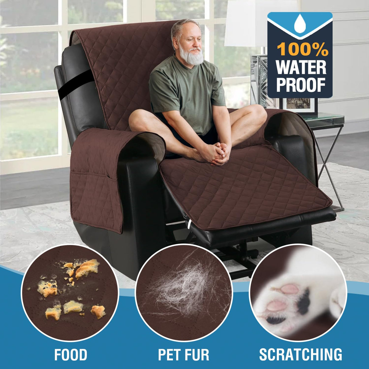 H.VERSAILTEX 100% Waterproof Power Lift Recliner Chair Cover Non Slip Electric Power Lift Recliner Covers for Recliner Chair with Pocket Large Recliner Chair Covers, Brown H.VERSAILTEX