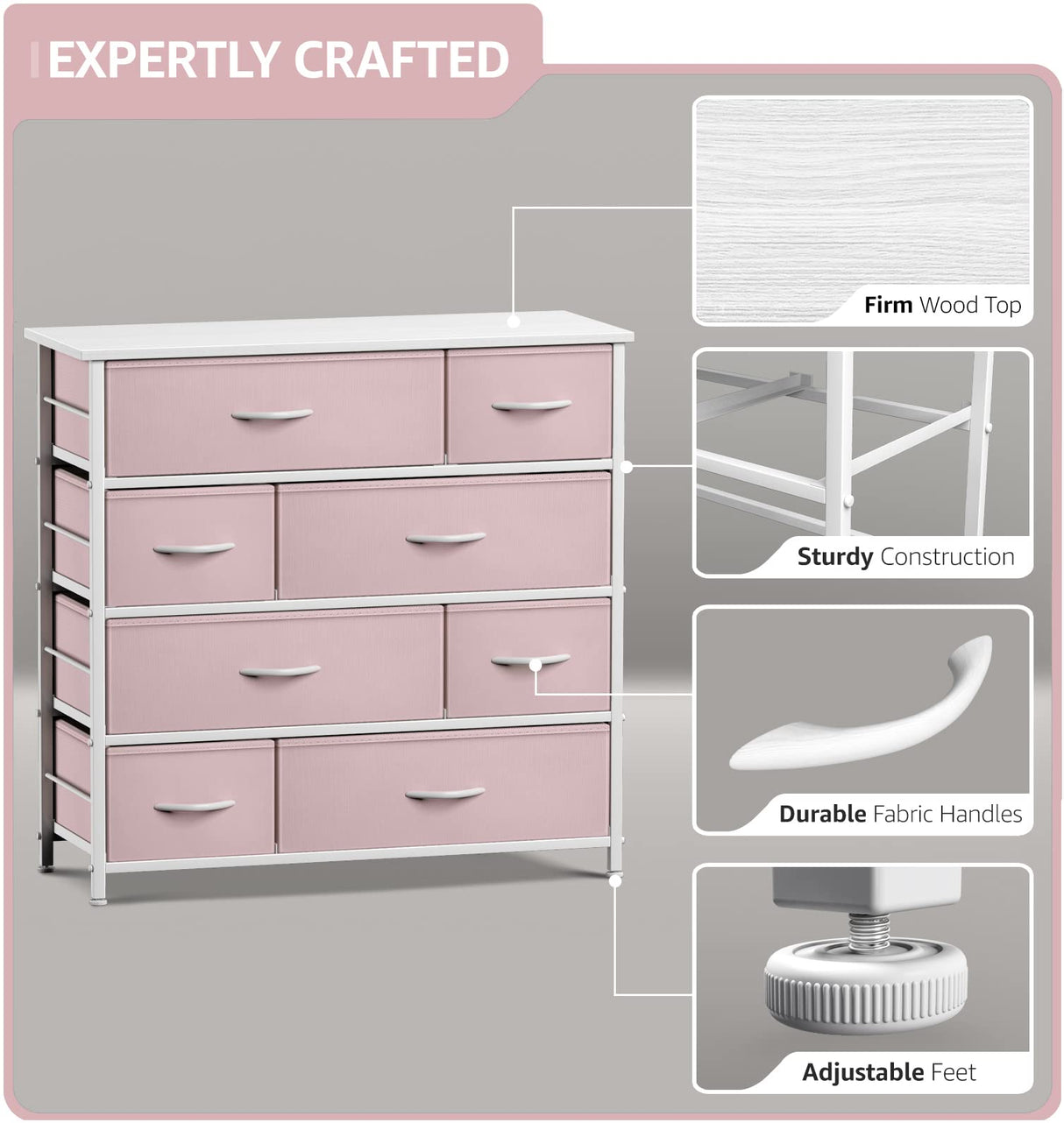 Sorbus Dresser with 8 Drawers - Furniture Storage Chest for Kid’s, Teens, Bedroom, Nursery, Playroom, Clothes, Toys - Steel Frame, Wood Top, Fabric Bins (Pink) Sorbus