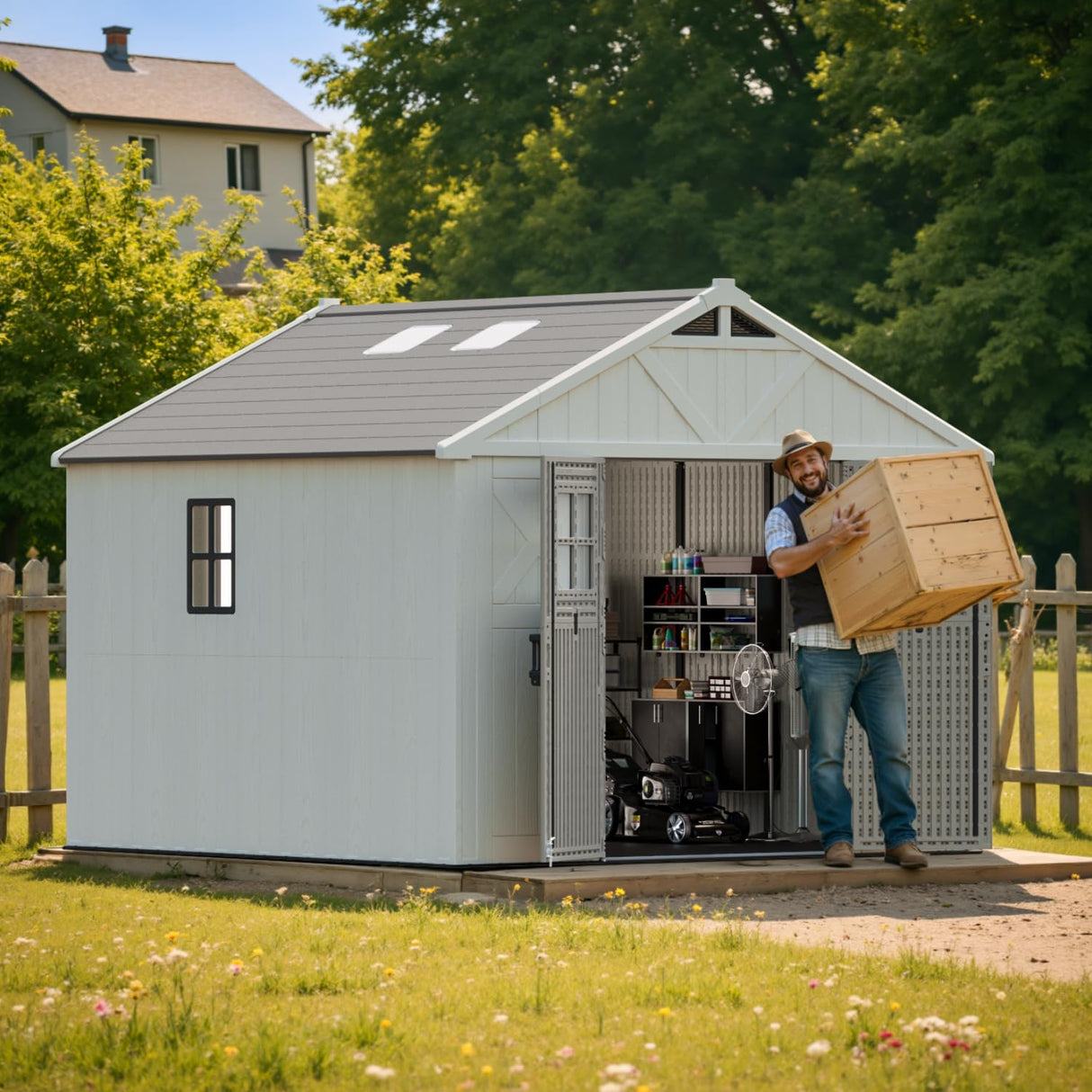 Patiowell 10x10 FT Outdoor Storage Shed, Plastic Shed with Floor and Skylight, Four-Window Resin Storage Shed with Lockable Door for Garden, Patio, Backyard, Beige Patiowell