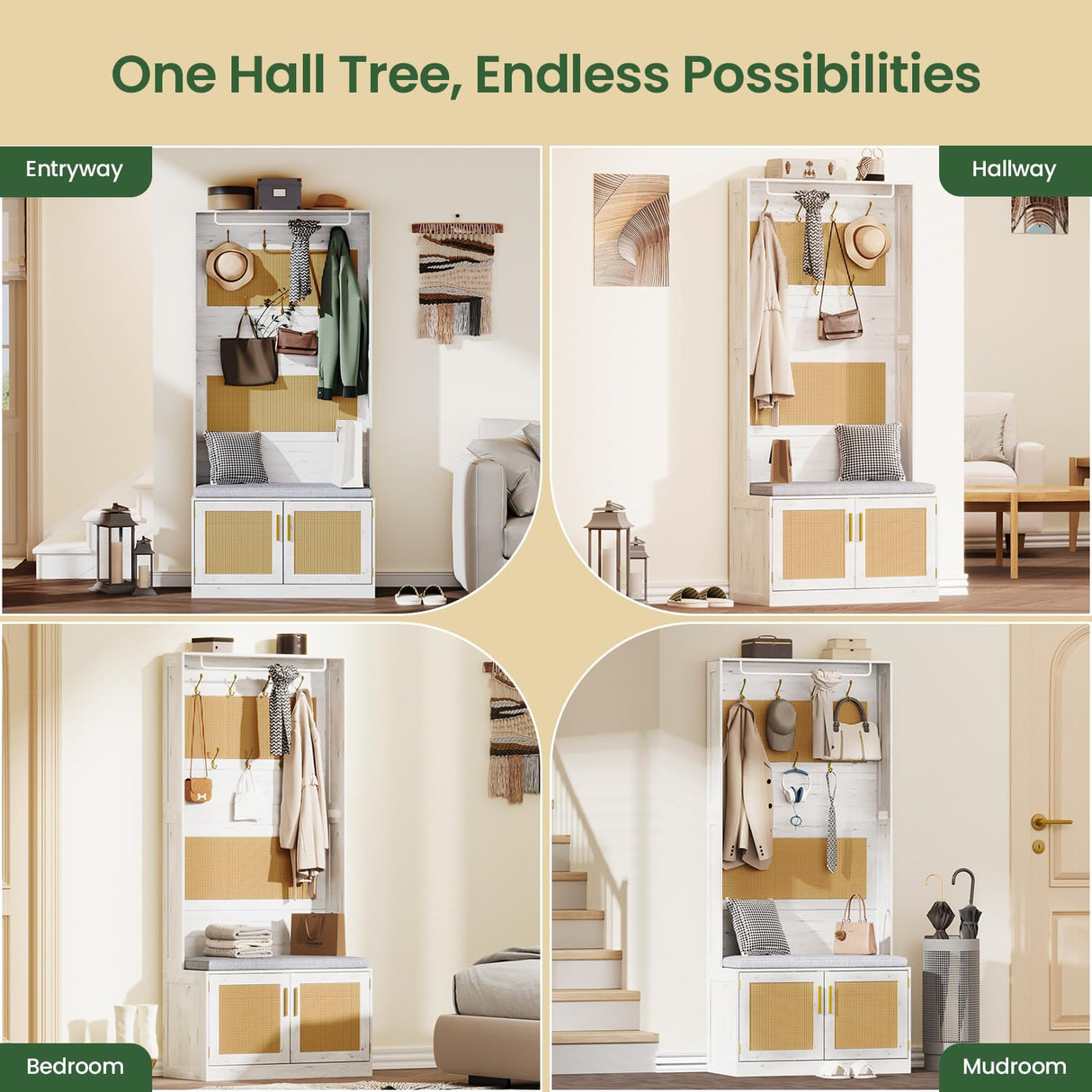 HOVANESTY Hall Tree with Bench and Shoe Storage, 5-in-1 Entryway Bench with Coat Rack, Padded Seat Cushion, 7 Tri-Hooks, Adjustable Shelf, Farmhouse Boho Furniture Organizer for Hallway, Rustic White HOVANESTY